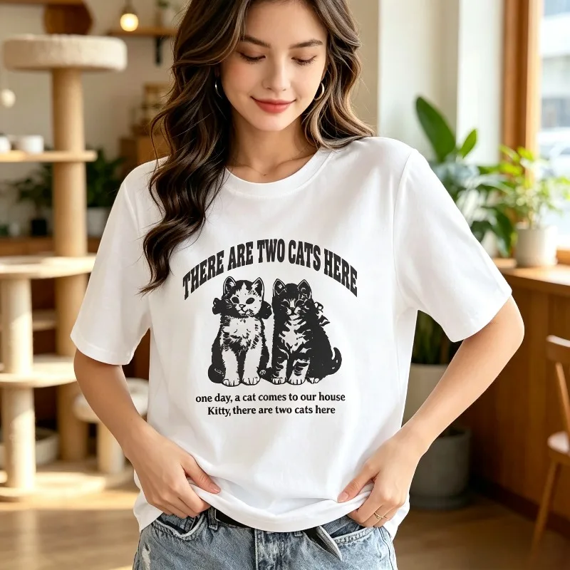 Women There Are Two Cats Here Graphic Tee Double Cat Text Modal Casual Cat Lover Daily Gift Top Vintage Streetwear