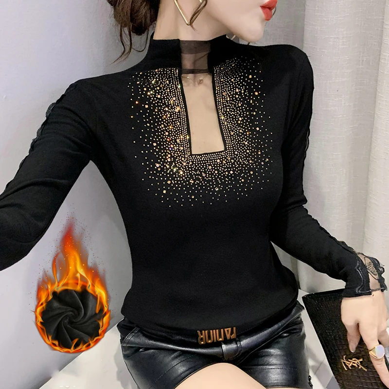 MadBlack, European Thicken Fleece T-Shirt, Sexy Women Turtleneck Diamond Top, Long Sleeve Slim Fashion Tee, Fall Winter T40026CC