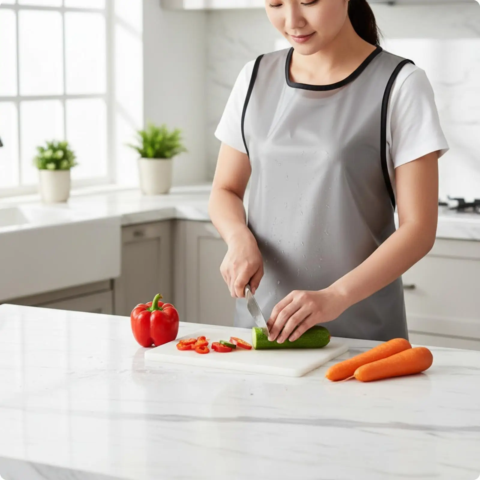 TPU Waterproof Kitchen Apron for Men Women Gray Breathable Mesh Back Long Front Adjustable Fastening