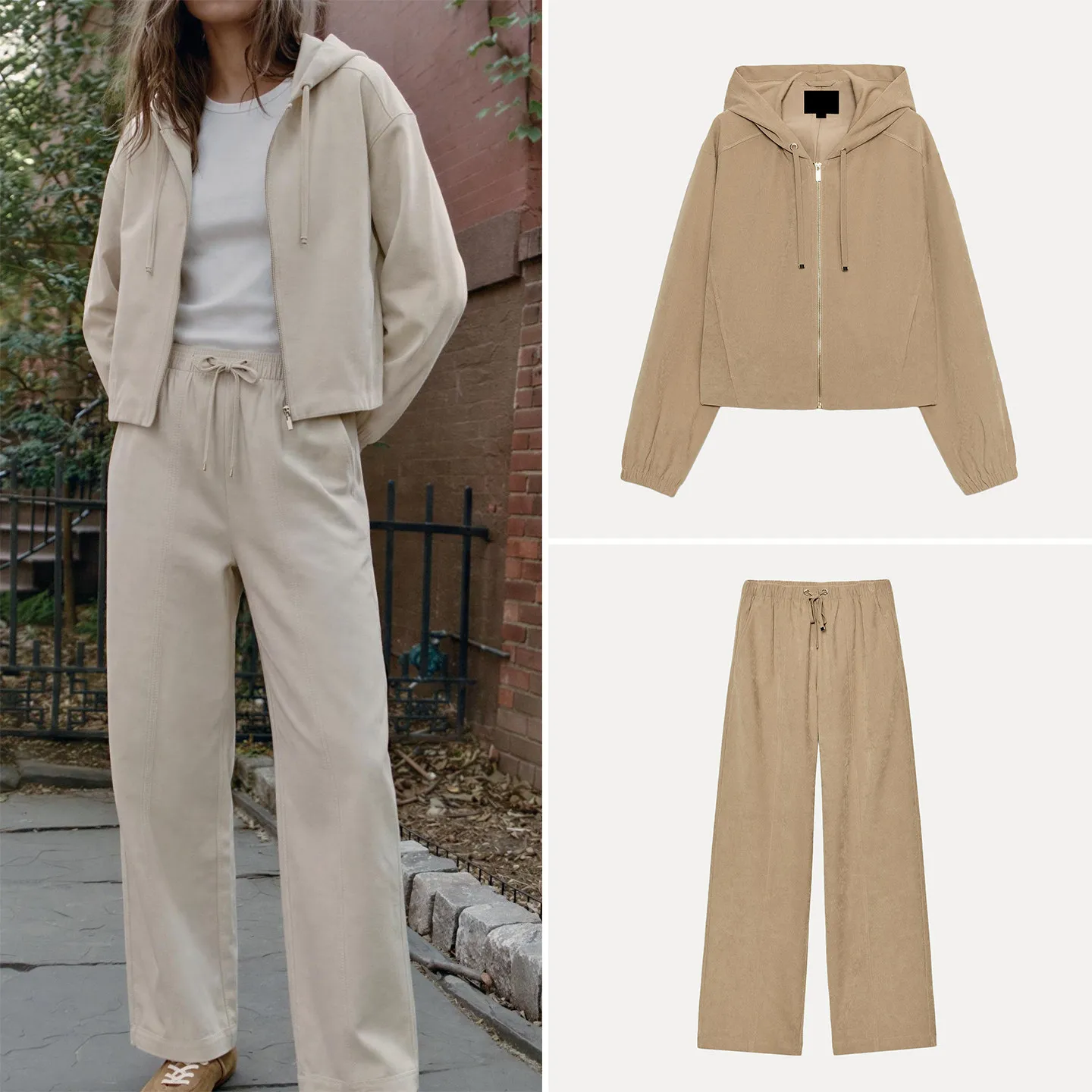 ZADATA Women's Fashion Set 2026 Autumn Long Sleeve Hooded Zipper Jacket 8372241 Belted Wide Leg Pants 8372242 Four Seasons