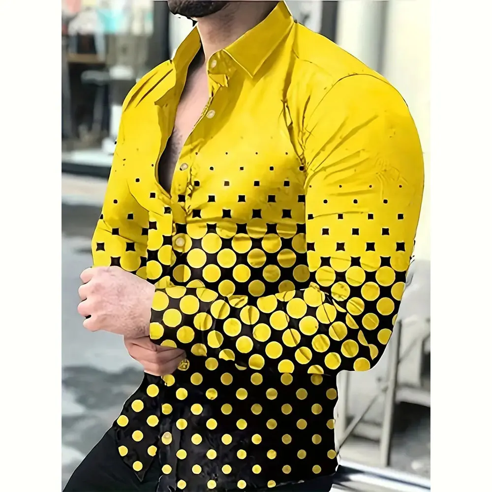 2024 New Fashion 3D Polka Dot Printed Shirt Men's Simple Formal Long Sleeve Shirt Men's Large Size Loose Lapel Button Down Shirt