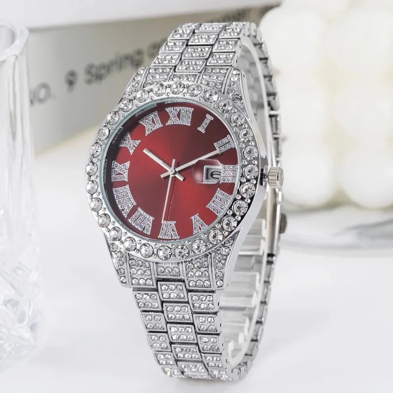 Full Iced Out Watch for Men Blue Red Green Dail Hip Hop Mens Watch Fashion Cool Bling Diamond Luxury Mens Watches Clock Relogio