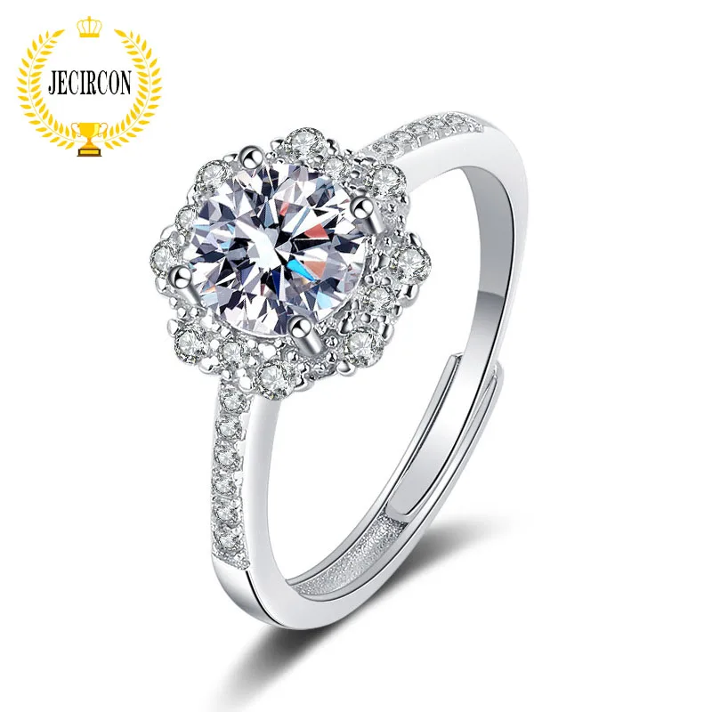 

JECIRCON 1ct Moissanite Flash Diamond Open Ring for Women Korean Version Flower-shaped Group Inlaid Zircon 925 Sterling Silver