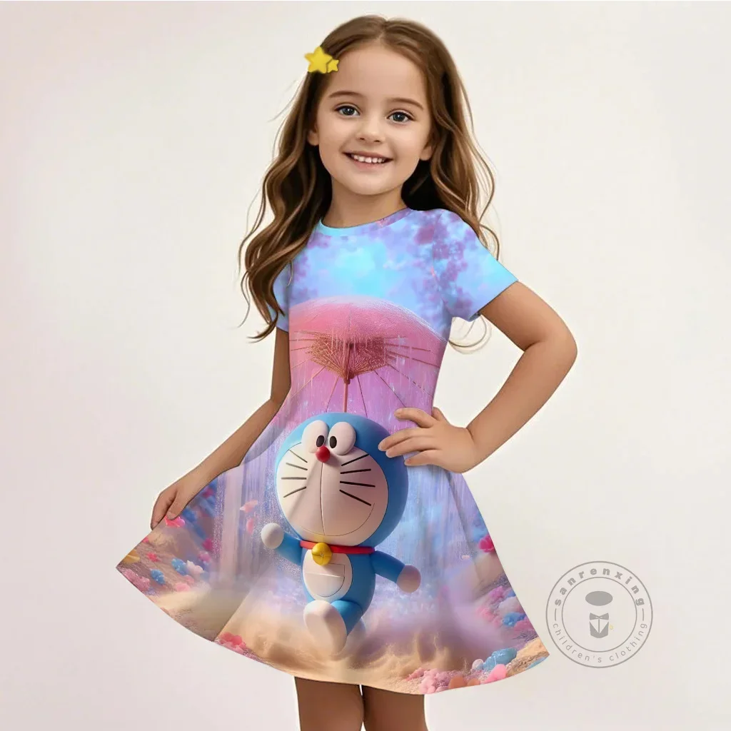 

New Design Doraemon Character 3D Print Girls Dress Short Sleeve Round Neck Kawaii Cute Summer Outfit For Kids 3-14 Years