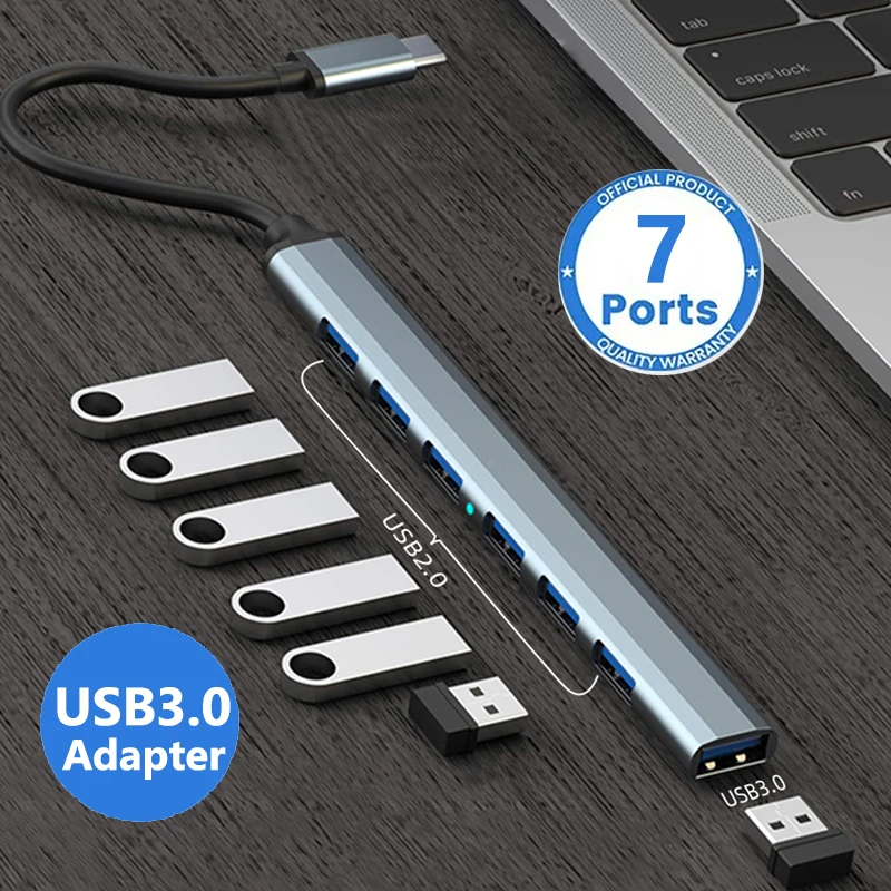 7 in 1 USB Hub 3.0 USB 2.0 HUB Multi Type C HUB Splitter Power Adapter 7 Port Multiple Expander 5Gbps USB for PC Laptop Computer