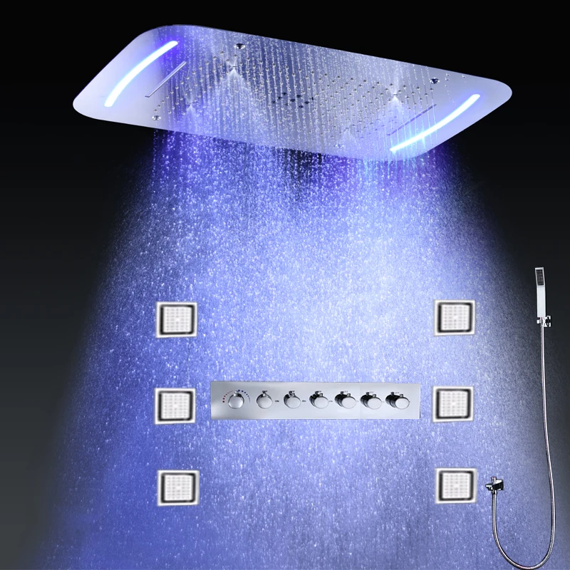 Hm-Ensemble de douche LED à grand plafond moderne, pluie, cascade, brouillard, panneau de pommeau de douche, système thermostatique F/05, jets latéraux