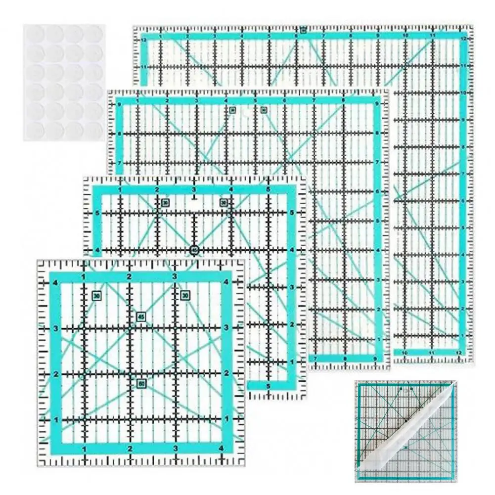 

4Pcs Acrylic Quilting Ruler with Rings 4.5/6/9.5/12.5-Inch Square Fabric Cutting Ruler with Clear Mark DIY Sewing Template