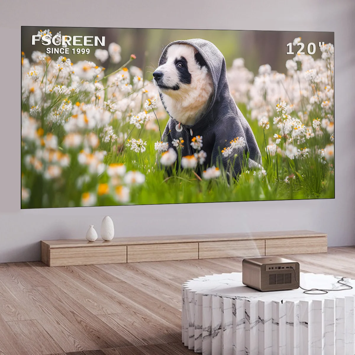Fscreen Iris Series Projector Screen 120 Inch Tri Chroma Premium High Gain Fresnel ALR Long Throw 8K UHD Home Theater