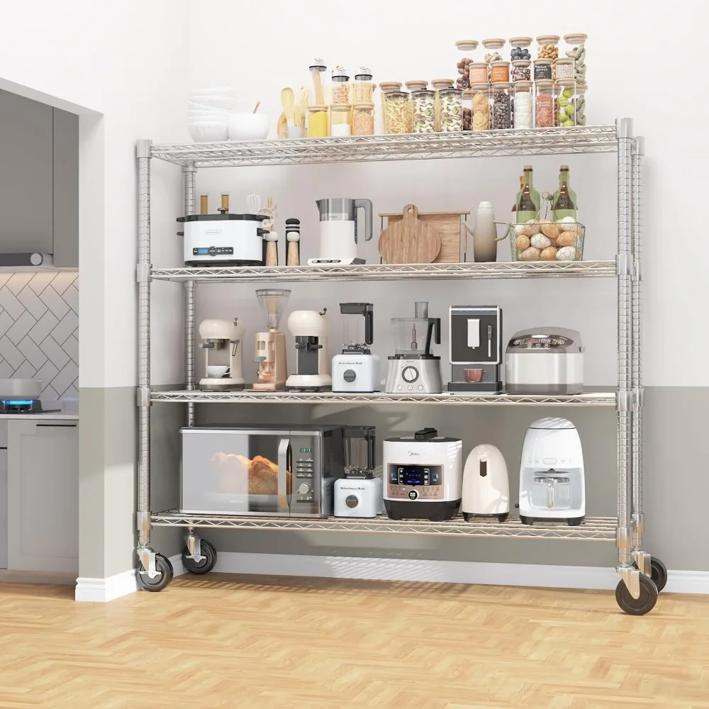 Heavy Duty 4-Tier Metal Wire Shelving with Wheels - 2400 lbs Capacity Rolling Storage Rack for Garage and Industrial Use