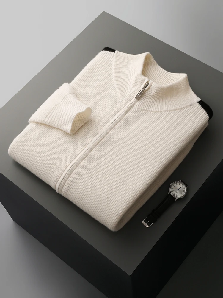 Autumn Winter Men\'s Zipper Cardigan 100% Merino Wool Sweater Thick Mock Neck Long Sleeve Cashmere Coat Korean Casual Clothing