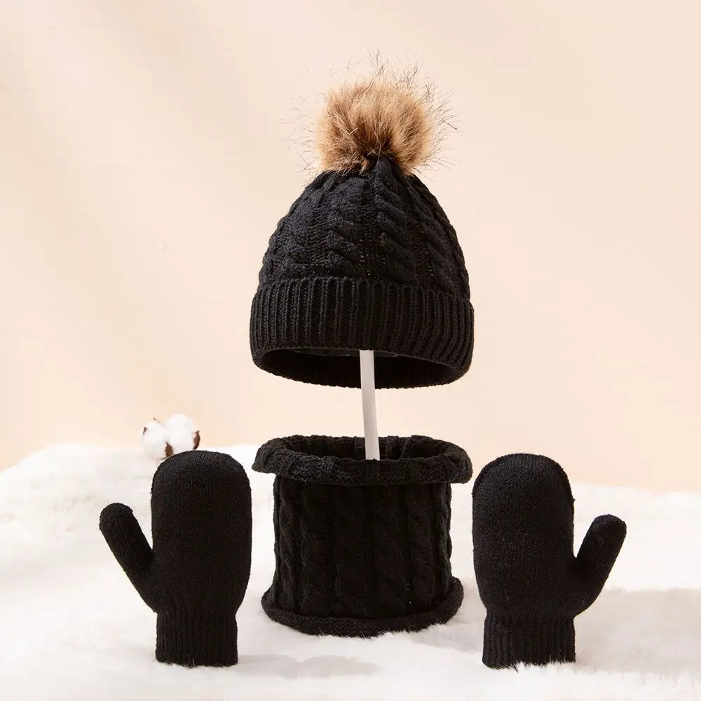 3Pcs/Set Cute Hat Scarf Gloves Set Solid Color Cotton Caps Winter Warm Accessories For Kids 0-3 Years Boys Girls Children