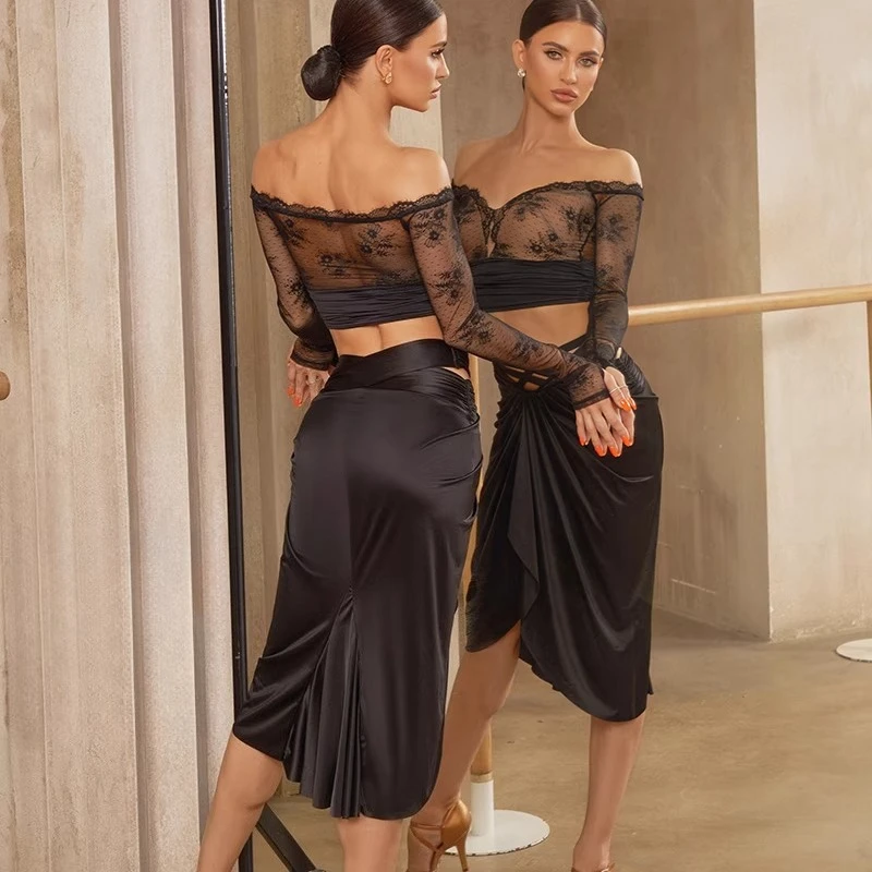 

UK Latin Dance Dress - Off-Shoulder Lace Top with Built-in Bra & Heavy Work Skirt, Tummy Control High Waist with Attached Shorts