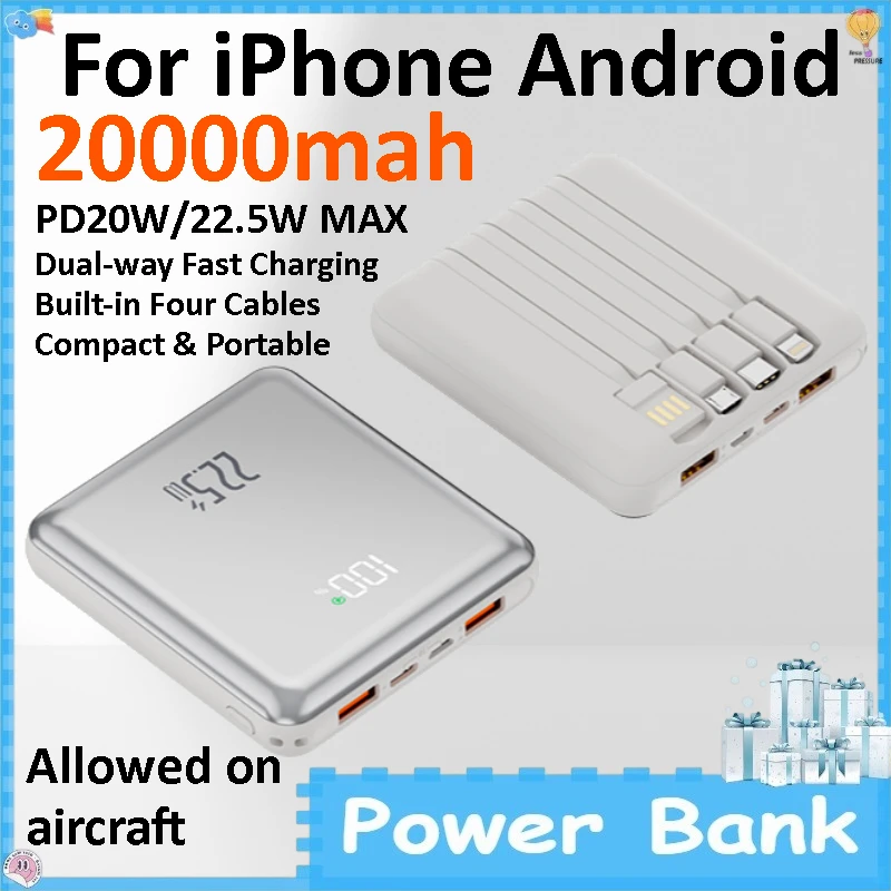 

20000mAh Ultra Thin Power Bank Built-in Cable Fast Charging Portable External Battery Mini Powerbank for IPhone Android