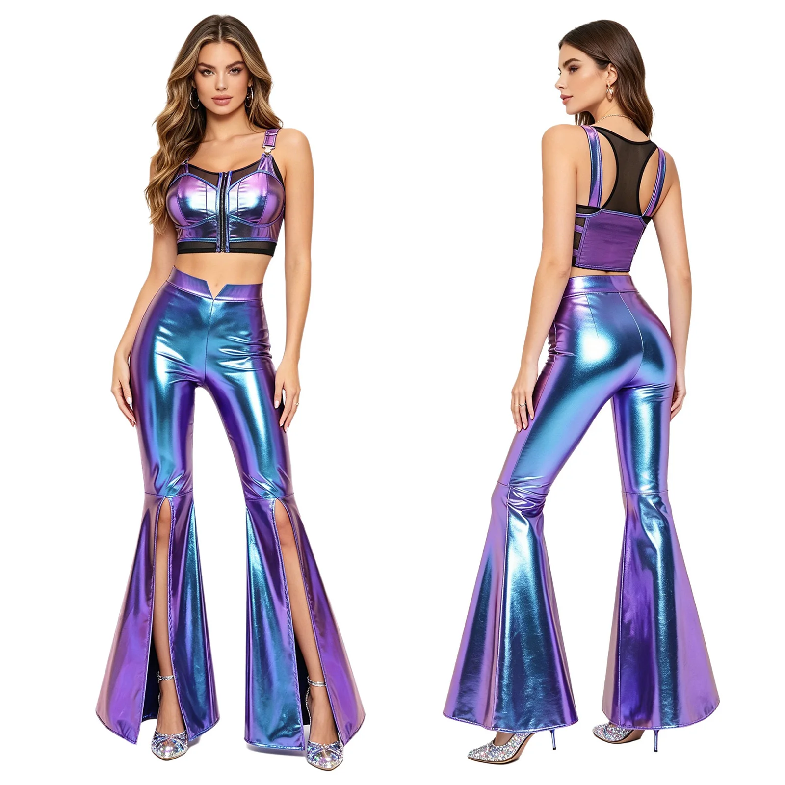 Womens 70s Disco Metallic Bar Suit Sheer Mesh Adjustable Straps Vest and High Waist Pants for Gogo Dancing Burlesque Performance