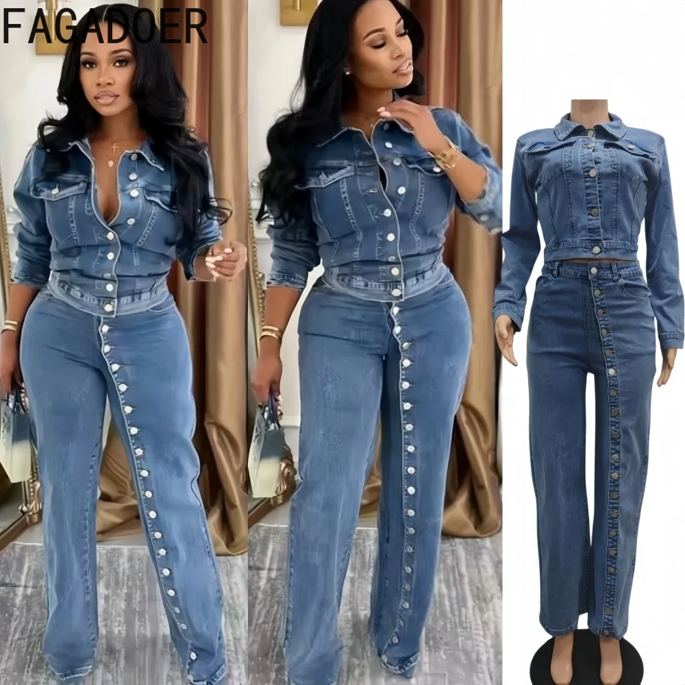

FAGADOER Fashion Denim 2 Pieces Set for Woman Outfits Solid Color Single Breasted Crop Top and Jeans Matching Female Streetwear