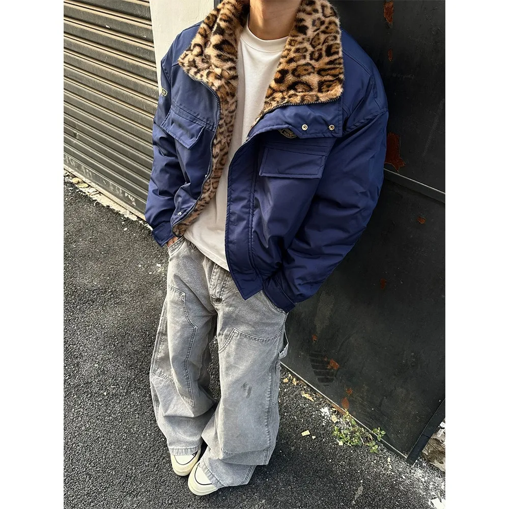 

Мужская модная утепленная хлопковая куртка-парка в стиле пилот с леопардовым принтом, рабочая одежда, длинный рукав, на молнии, теплая верхняя одежда