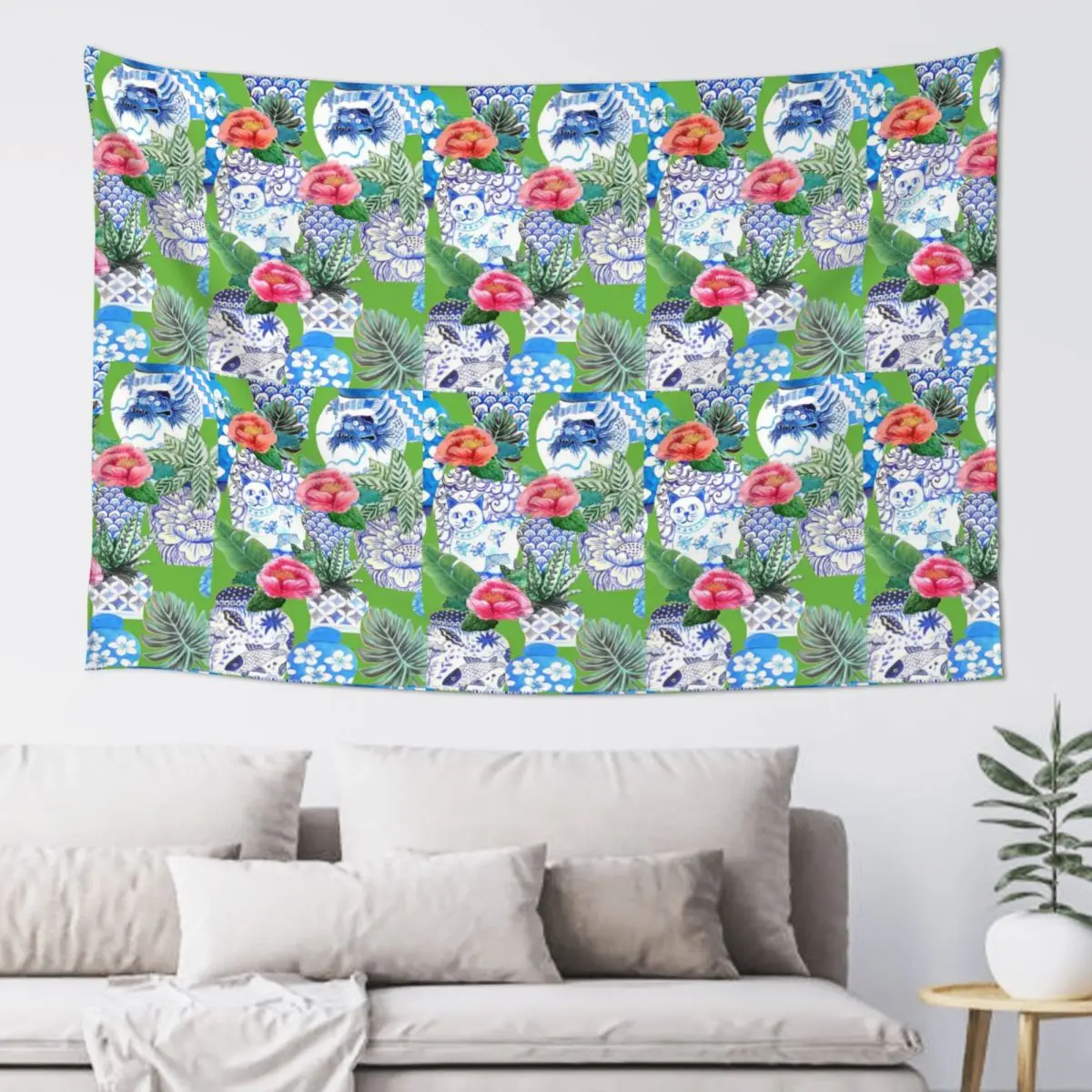 Blue And White Chinese Ginger Jars On Green Emerald Green Tapestry Hippie Wall Hanging Aesthetic Home Decoration Tapestries