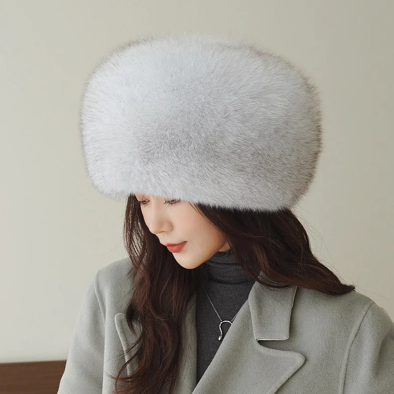 Senhoras luxo Fox Fur Hat, proteção de orelha, grande, redondo, ao ar livre, quente, pelúcia, chapéu do Mongolian, inverno, moda