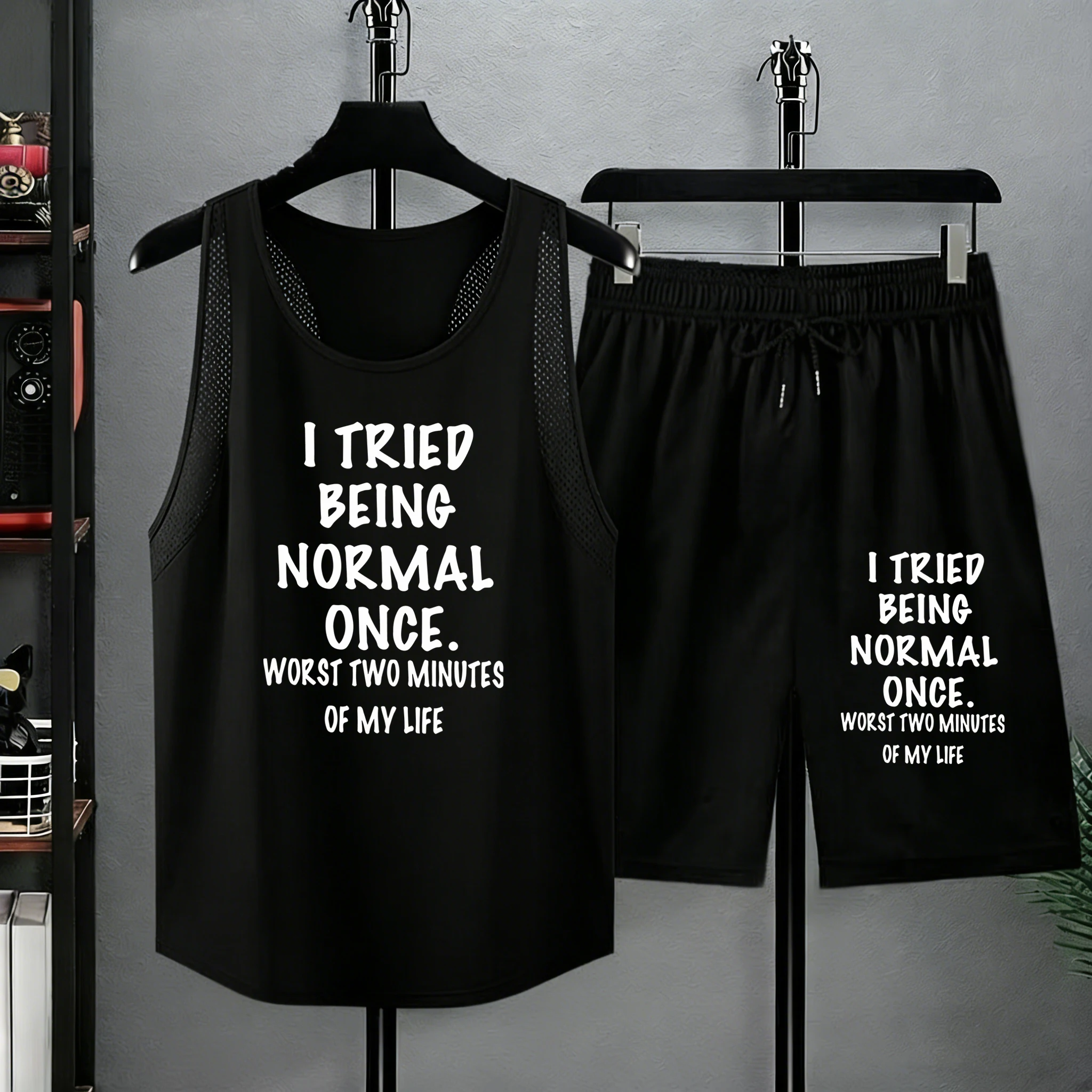 

Stay Calm And Normal Funny Print Summer Man'S Jogging Lightweight Tank Top Set Casual Soft Shorts Cool Mesh Singlet Loose Pants