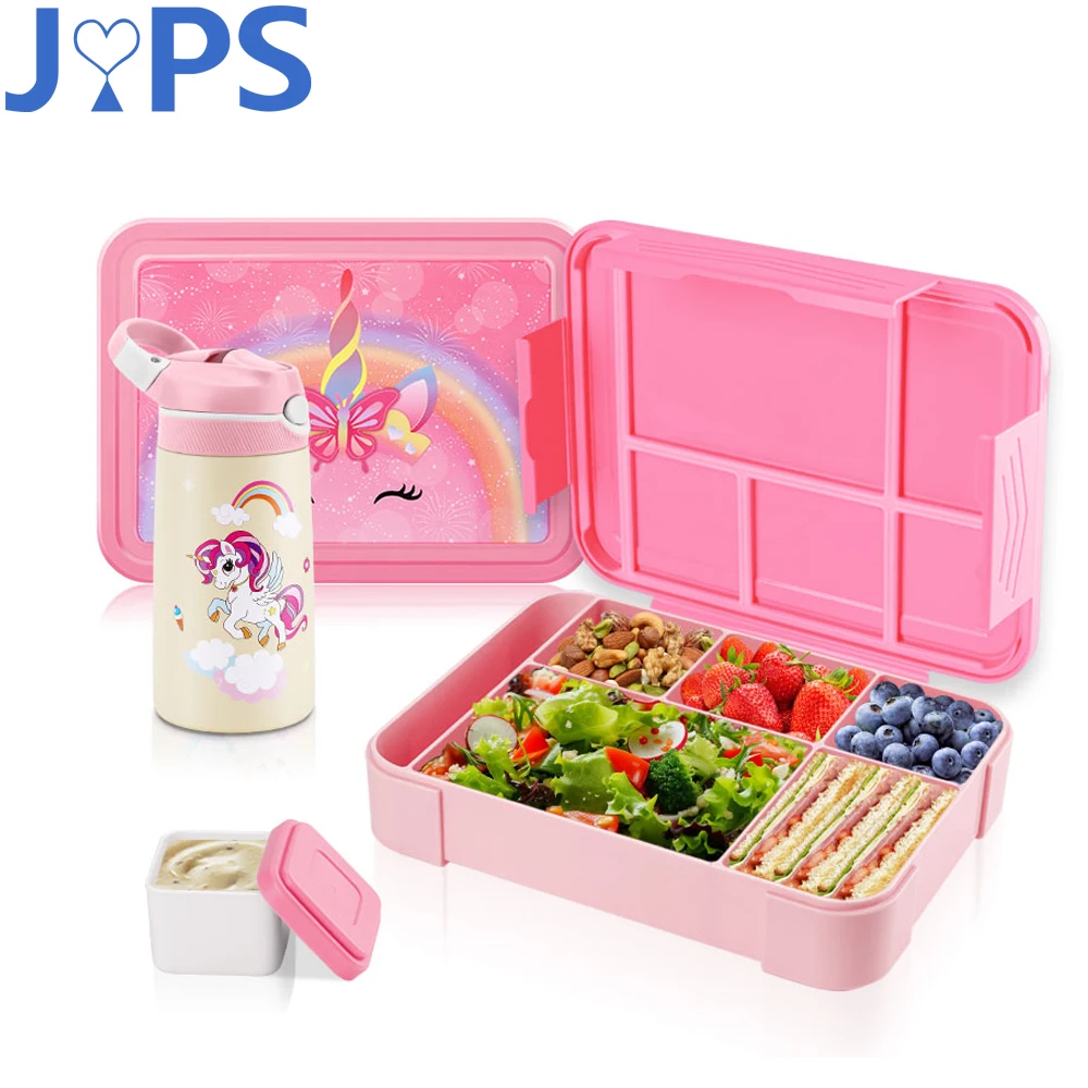 Portable Children Lunch Box With Tableware Cute Cartoon Food Container with 400ML Unicorn Water Bottle for School Kids Students