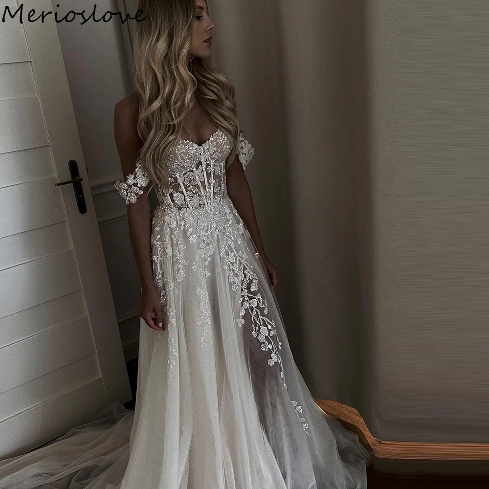 

Merioslove Glitter Lace Appliques Wedding Dresses Off the Shoulder Sweetheart A-Line Beach Bride Dress Bridal Gowns 2024