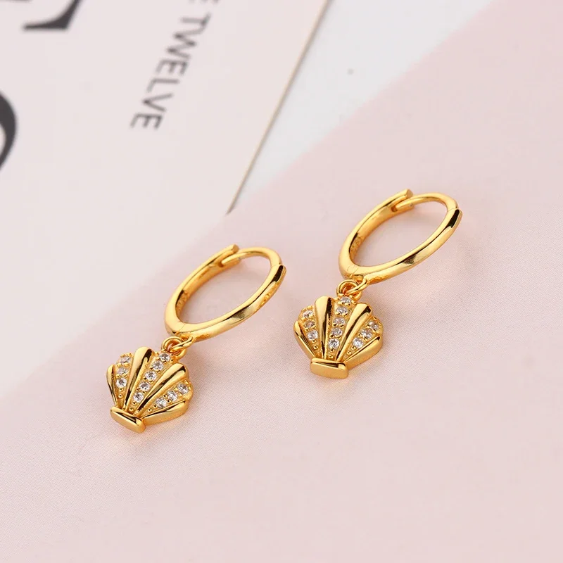 Small Circle Gold Color Sea Shell Zircon Pendant Piercing Hoop Earrings Female Pendientes 2024 Fashion Jewelry Brincos