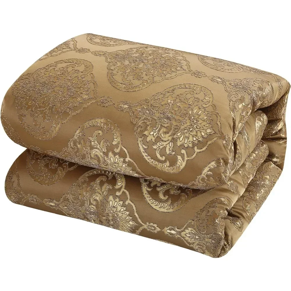 Home 9 Piece Upholstery Quality  Fabric Bedroom Comforter Set & Pillows Ensemble, King, Gold