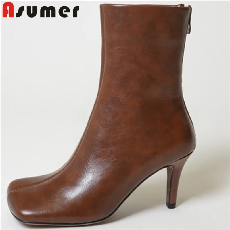 

ASUMER 2022 Size 33-43 New Genuine Leather Boots Women Thin High Heels Spring Ankle Boots Zipper Ladies Shoes
