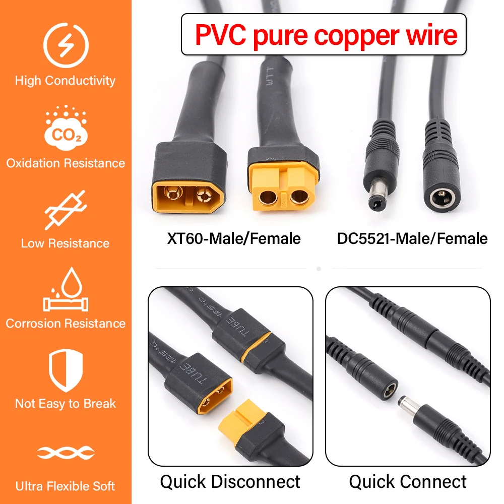 18AWG 10A XT60 Male/Female Connector To DC5521 5.5x2.1 Female/Male Plug Power Cable Adaptor Wire For Battery Charging Cables