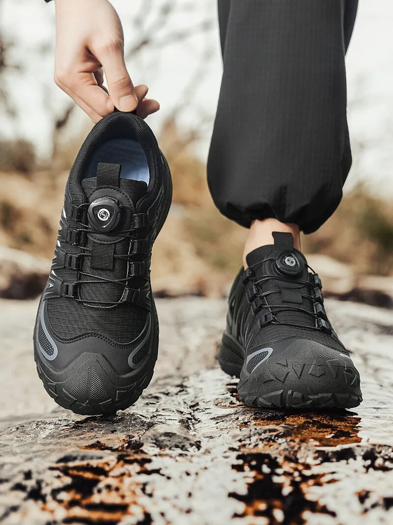 Men's Casual Sports Shoes with Rotating Button for Hiking Outdoor Mesh Breathable Anti-slip Wear-resistant Soft Bottom