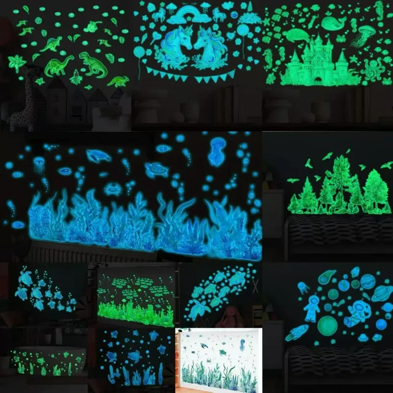 Baby Whale Octopus Turtles Sea World Luminous Stickers Glow In The Dark For Children's Room Fluorescent Ocean Decals Home Decor