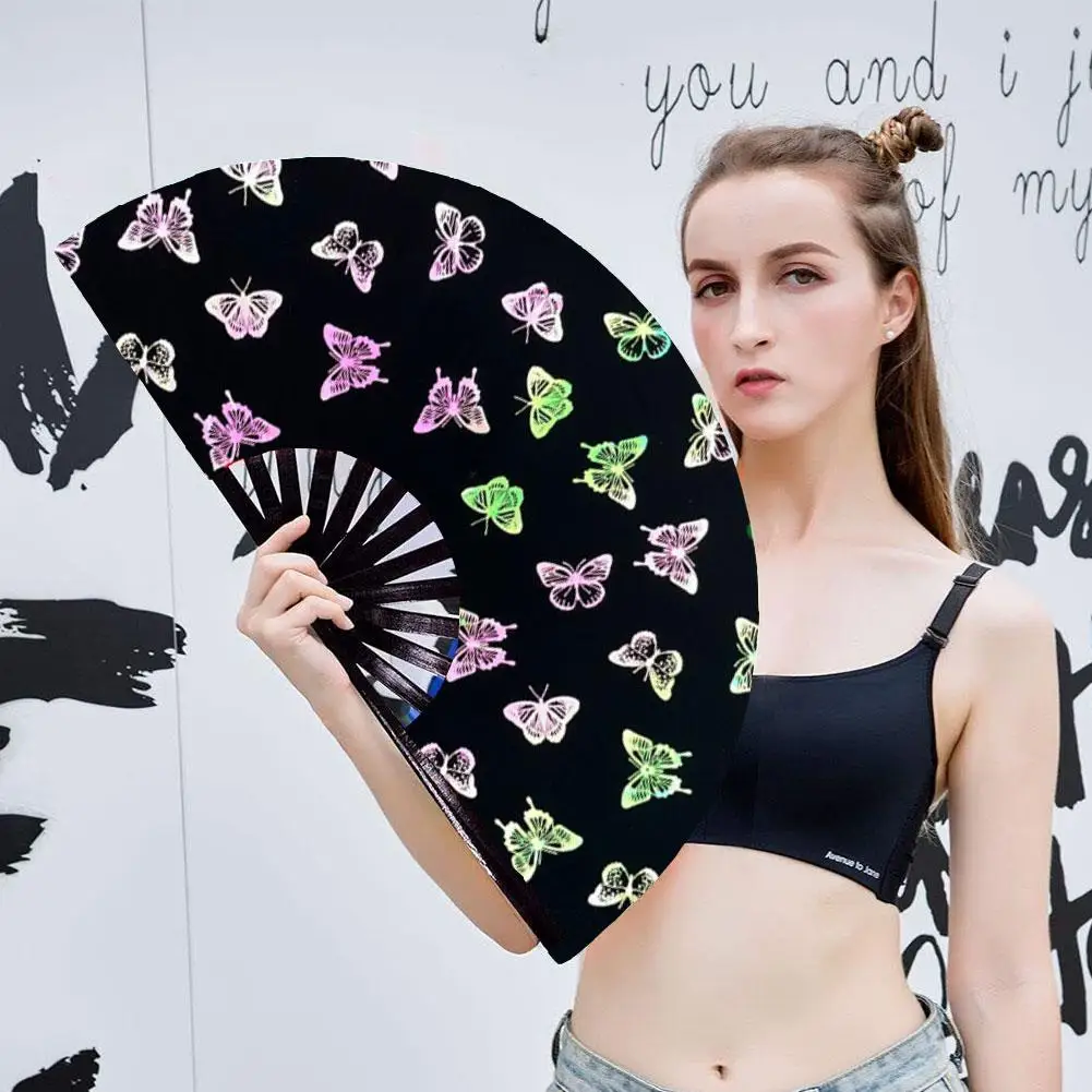 Large Foldable Handheld Fan Creative Reflective Butterfly Printed Fabric Bamboo Fan Folding Handfan For Bar DJ Dance Show Props