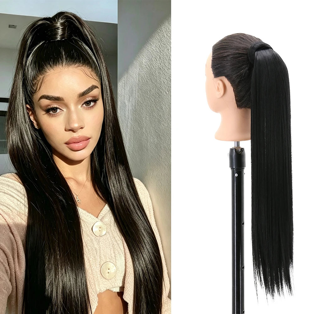 22-32'' Synthetic Long Straight Ponytail Wrap Around Ponytail Clip in Hair Extensions Black Hairpiece Headwear