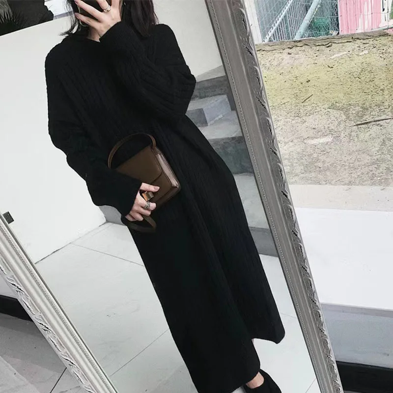 Fall/Winter Plus Size Loose Hooded Dress Knitted Wool Long With Warm Ladies' Long Skirt Inside