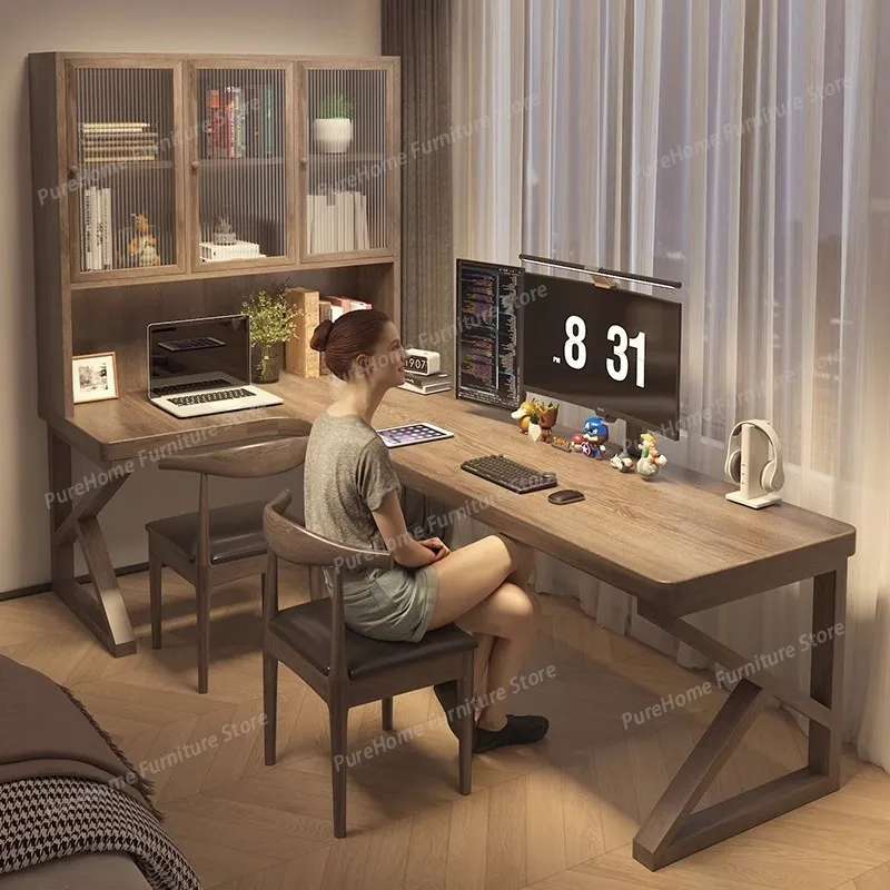 

Retro Solid Wood Computer Desk Corner Bookcase Integrated Children's Bedroom Writing Study Workbench L-shaped Standing Desk