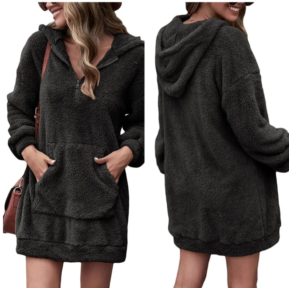 

Sports Sweatshirts Dresses For Women Casual Loose Zipper Hooded Dress With Pocket V Neck Loose Comfy Soft Sport Vestidos 2026