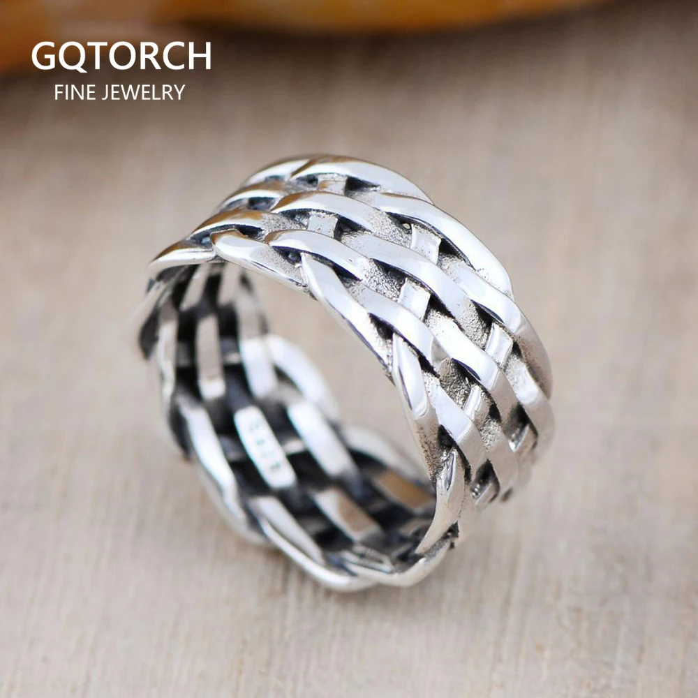 

Genuine 925 Sterling Silver Rings For Women And Men Braided Ring Vintage Punk Fine Jewelry