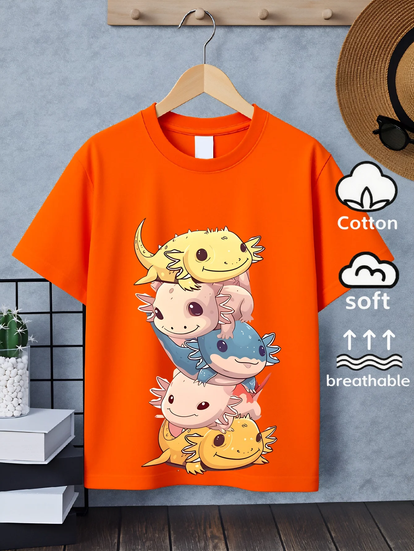 Children's Cute Salamander Layered Music Print Street Round Neck Short T-shirt Casual Soft and Comfortable Parent-child Outfit
