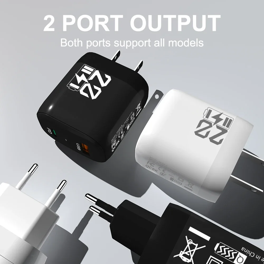 20W USB C Fast Charging PD With LED Display 2 Ports Charger Wall Adapter For iPhone 15 Pro Max Xiaomi Samsung Huawei EU US Plug