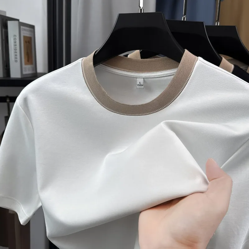 High Elasticity Men T-shirt 2026 Summer Light Thin Short Sleeved Top Loose Casual Round Neck Cotton T-shirt Fashion Men Clothing