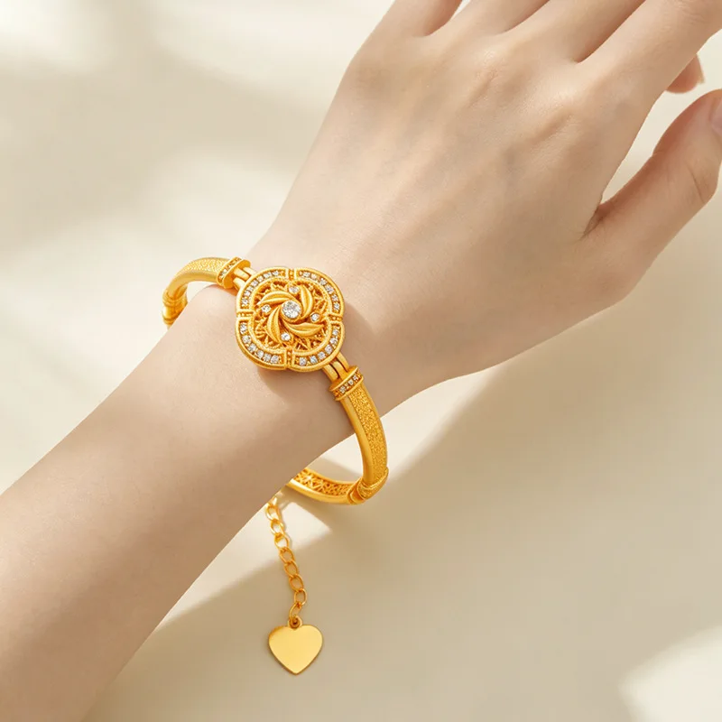 Luxury 24K 9999 Pure Gold real gold Women's Diamond Flower Window Compasses Bracelet