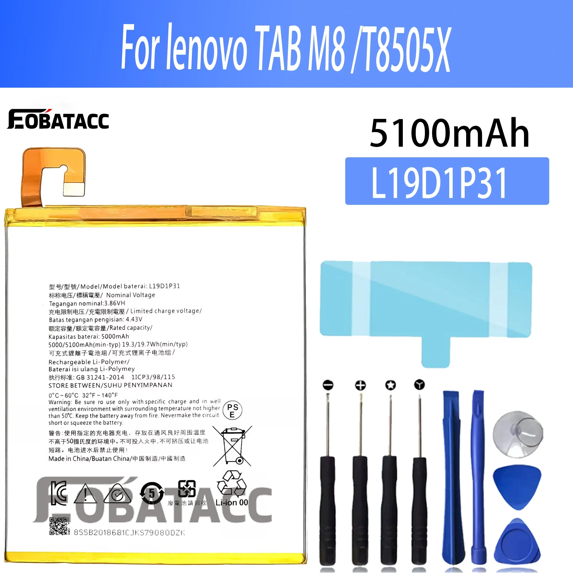 

100% New Original Battery L19D1P31 For lenovo TAB M8 /T8505X Battery + Free Tools