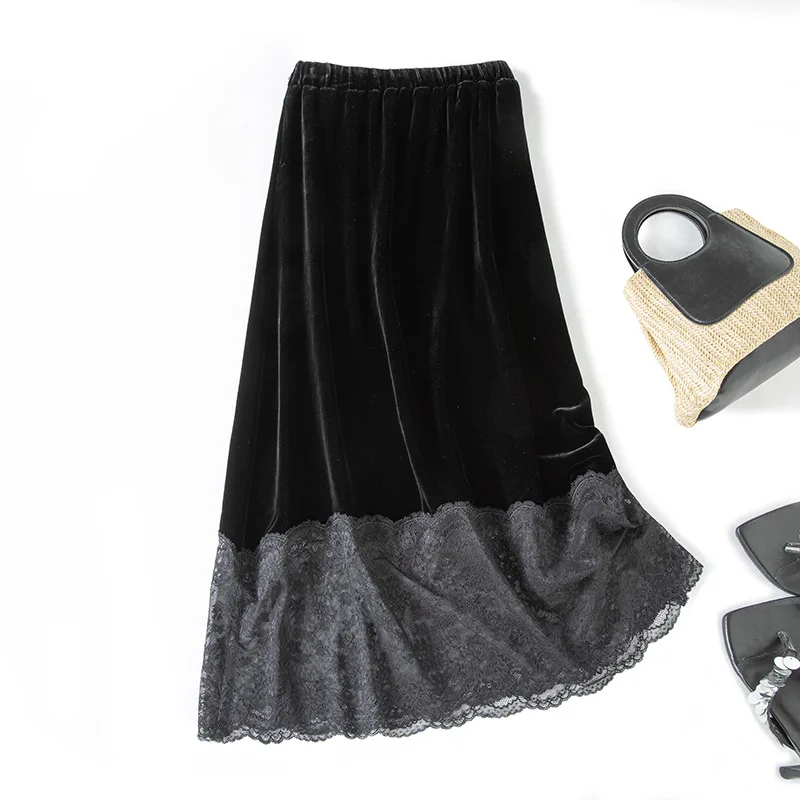 Winsleter-Silk Velvet Elegant Skirts, Elastic High Waist Lace, Women Retro Temperament Party A-line Skirt, 2026 Summer B65548CC