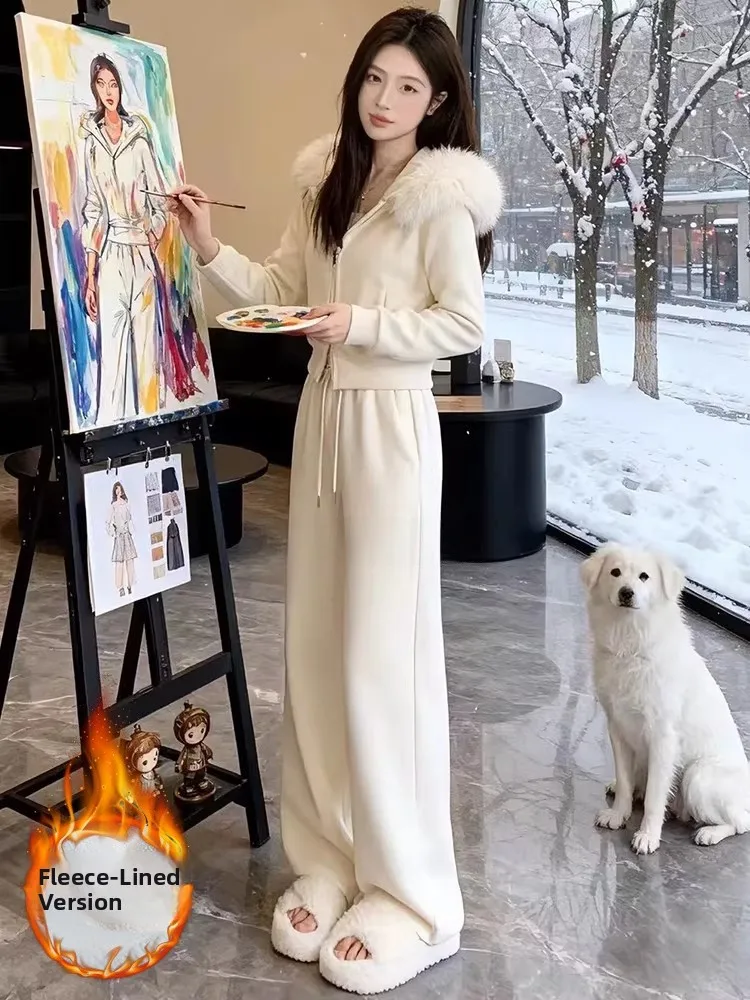 

Fashionable Winter Outfit Women's Thickened Fleece Lined Coat And High Waist Wide Leg Pants Two Piece Set for Short Women