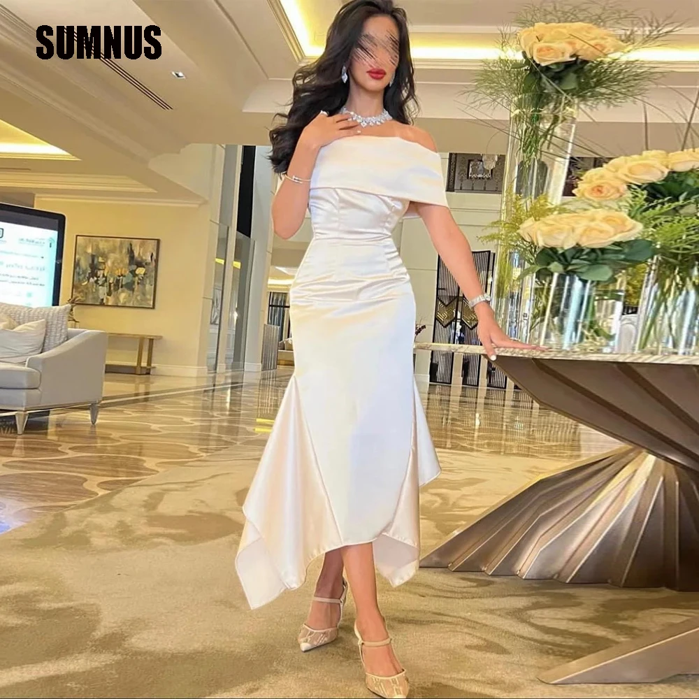 

SUMNUS Vantage Short Satin Evening Dresses Ivory Mermaid Off Shoulder Tea Length Robe De Mariée Party Gown For Women Prom Dress