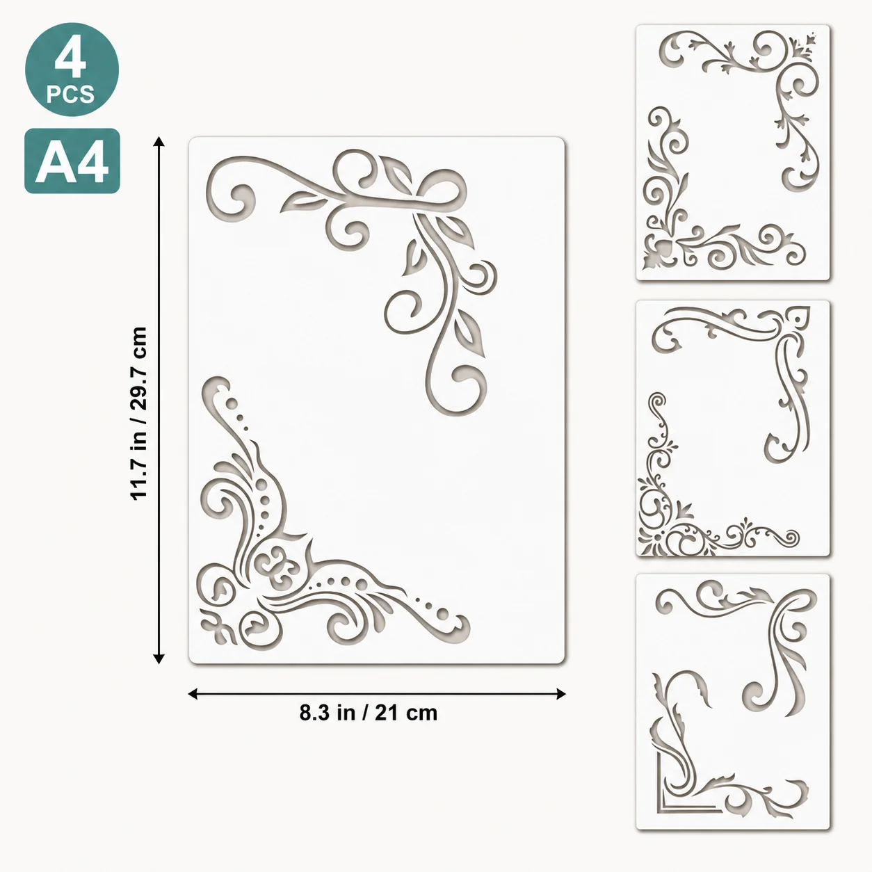 4PCS A4 8.3x11.7 Inch Corner Border Stencils Set Floral Vine Painting Templates for Wall Canvas Journal DIY Decor