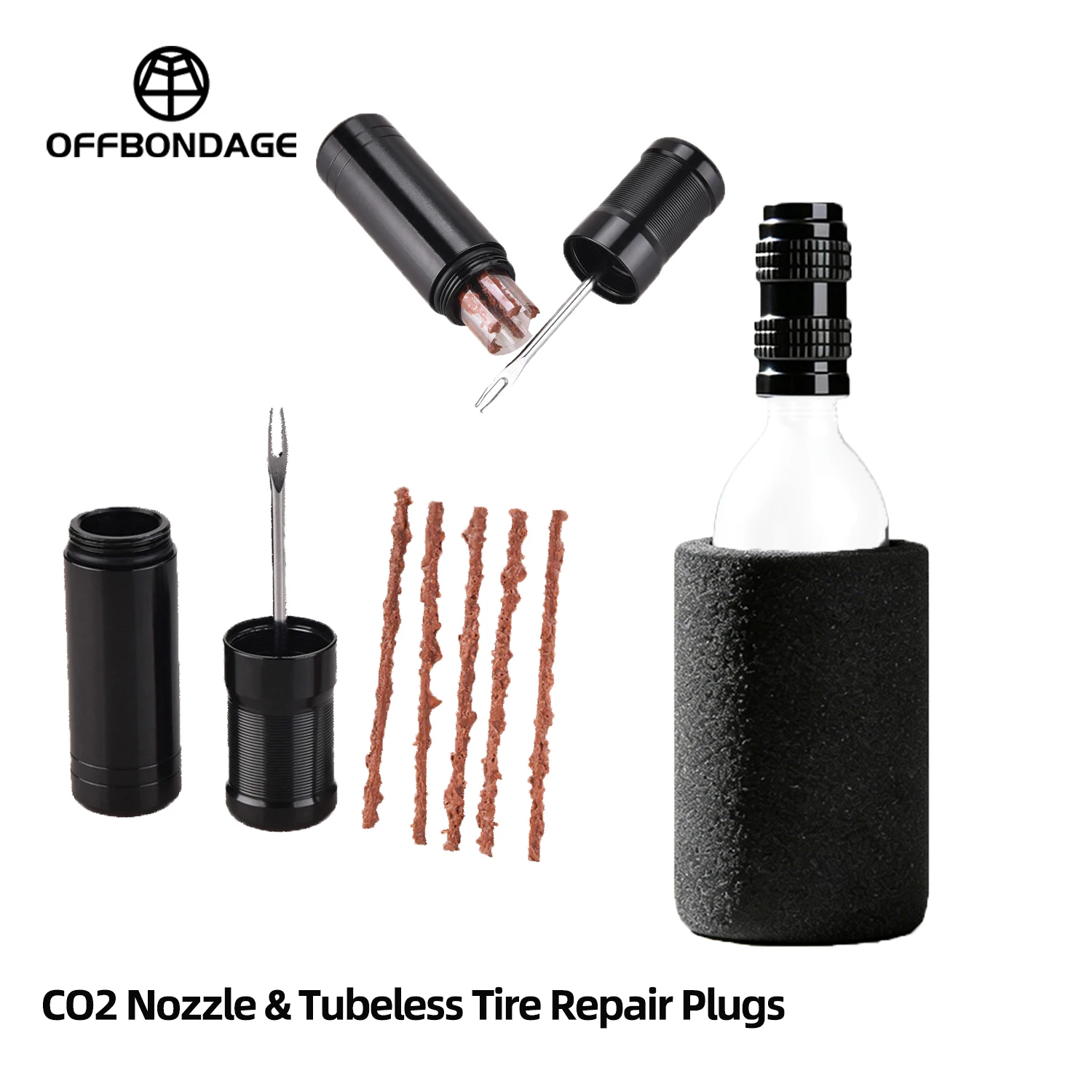 CO2-Fahrradpumpe mit schlauchlosem Reifenreparaturset, Schrader- & Presta-Ventil, Fahrradreifenfüller, MTB- & Rennrad-Reifenstopfen, Dichtungsstreifen