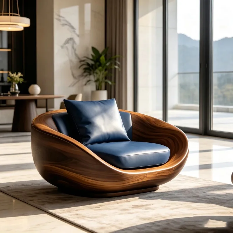 Bowl-shaped wooden shell casual armchair, dark blue leather cushion, mid-century modern design