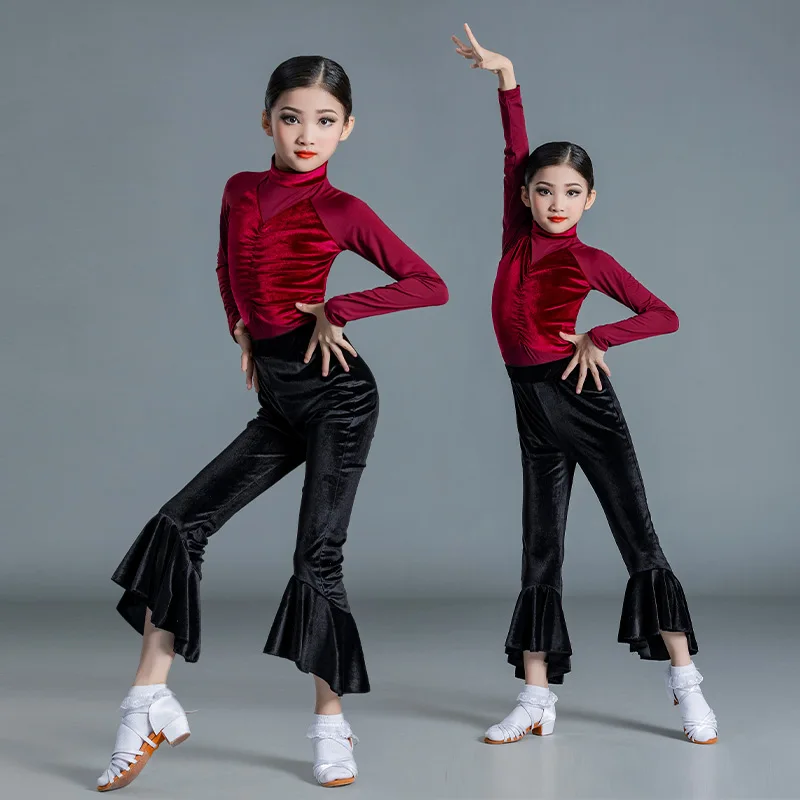 Ropa de práctica de baile latino para niñas, pantalones de manga larga, ropa de práctica de terciopelo, Ropa de baile para niños, Otoño e Invierno