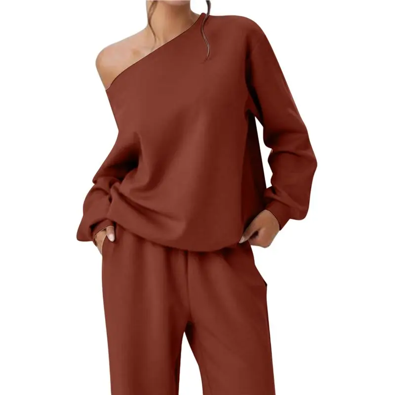 

CYL-Women's 2 Piece Outfits Fall Sweatsuits Off The Shoulder Crop Top Wide Leg Sweatpants Casual Matching Lounge Sets